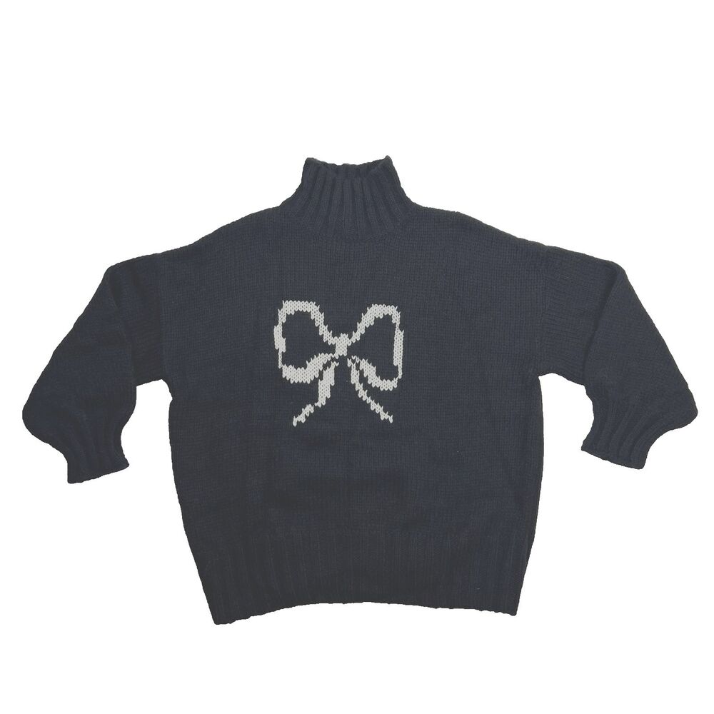 Lisa Says Gah Cece Turtleneck Sweater Size M/L Black Ink Bow Knit Oversized Cozy - Picture 6 of 14